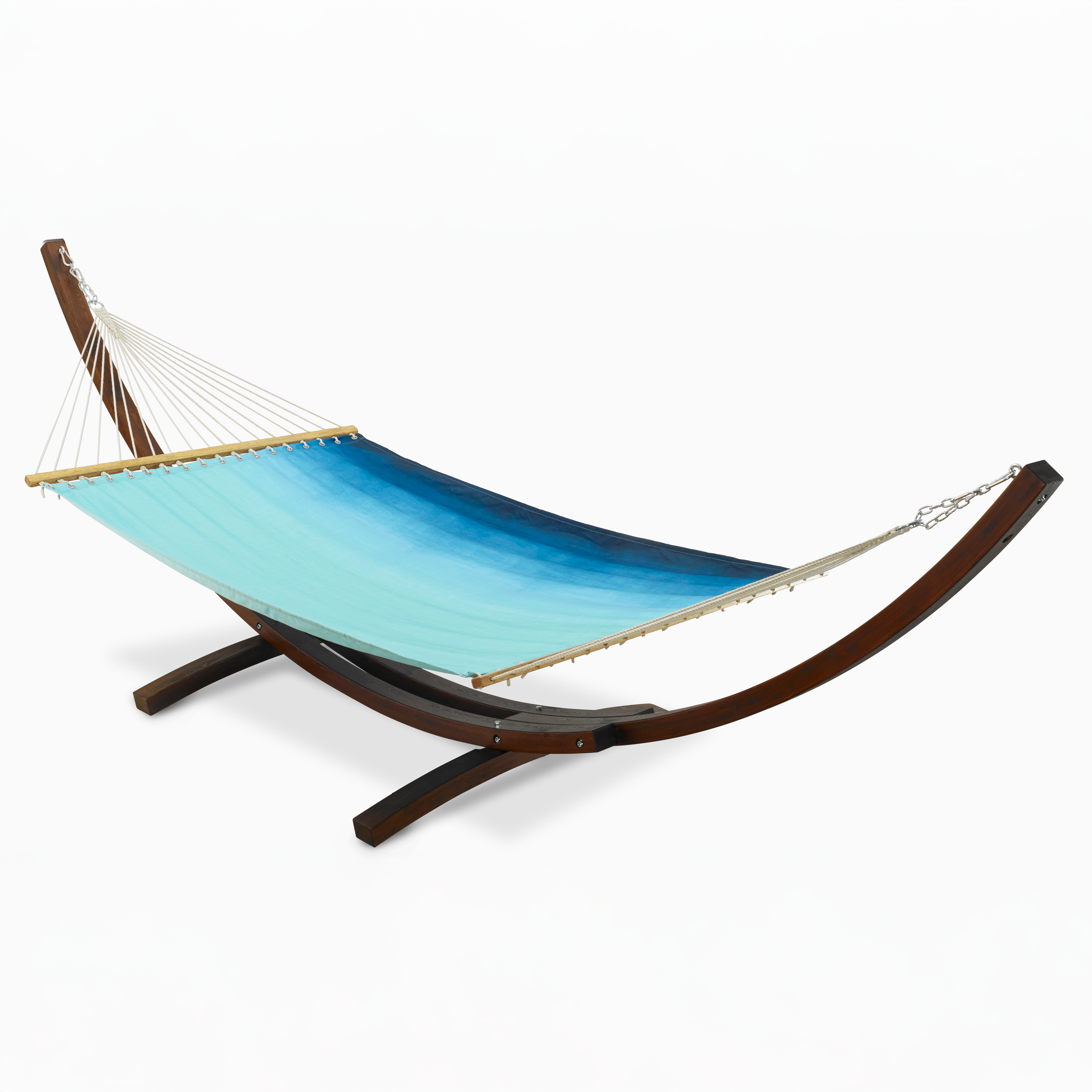 Full view of teal ombre hammock hung on a curved wooden stand